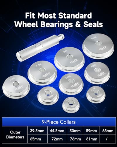 OMT Bearing Press Kit, 10pc Bearing Race and Seal Driver Set | Seal Installer Bearing Driver Kit for Bearing Installation with Seal Driver and 9 Bearing Adapters, Silver - size: 39.5 to 81 mm