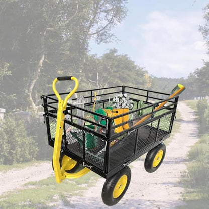 Heavy Duty 1400 lbs Capacity Steel Garden Cart with Removable Mesh Sides & 16" Tires, Convertible Flatbed Utility Wagon for Farm, Yard, Lawn, and Beach Use, Yellow - color: Yellow, size: 1400 LBS