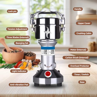 750g Electric Grain Mill Grinder, Stainless Steel High Speed Dry Pulverizer, 2000W Spice Flour Mill for Grains, Coffee Beans, Peppers, Dried Herbs & Dry Cereals for Home & Small Commercial Use