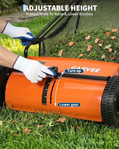 21" Push Lawn Sweeper, 6 Cu.Ft. Hopper, 3 V-Shaped Brushes, Height Adjustable - color: Orange, size: 21in