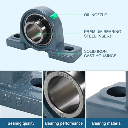2 Pack UCP207-22 Pillow Block Bearing 1-3/8" Bore Mounted Bearing Block Self Alignment Solid Cast Iron Base Chrome Sealed Bearings - size: UCP207-22