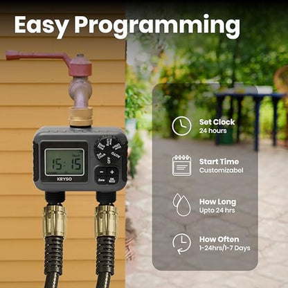 Kryso 2-Zone Sprinkler Timer with Brass Inlet & Outlet – Programmable Garden Hose Water Timer with Rain Delay, Manual & Automatic Irrigation Controller for Yard, Lawn & Outdoor Watering