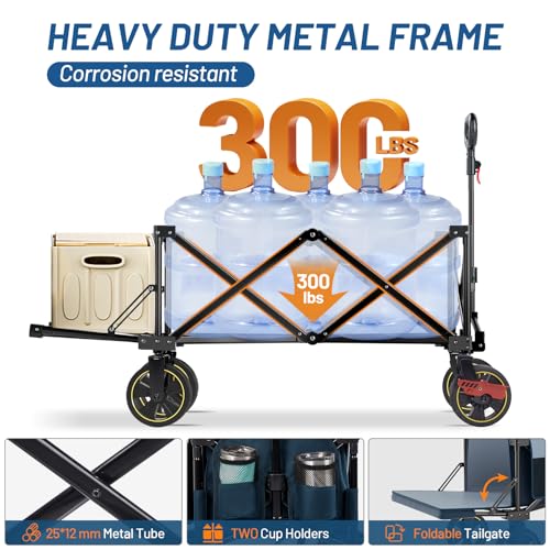 Timber Ridge 49" Extra Long Collapsible Folding Wagon with Tailgate&Brakes - color: Blue, size: 250L