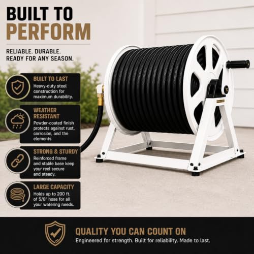 Dual Floor and Wall Mounted Garden Hose Reel, Holds 200ft of Water Hose, Heavy Duty Metal Hose Reel, Space Saving Hose Reel Organizer for Yard, Garage & Shed (White) - color: White