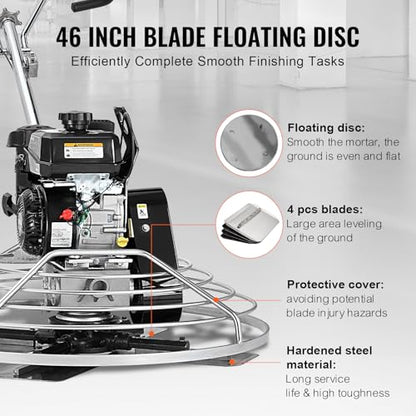 VEVOR Power Trowel 46 inch, 14HP Gas-Powered Smooth Concrete with Float Pan, Heavy Duty Commercial Screed Concrete Cement with Finishing Blade - size: 46 inchs