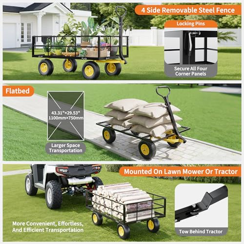 Heavy Duty Steel Garden Wagon Cart - 1400 lbs Load - 3-in-1 Utility Yard Trailer - 13" All-Terrain Tires - Removable Mesh Sides - 180° Rotating Handle - Collapsible for Outdoor, Lawn, Farm - size: 1400 LBS Black