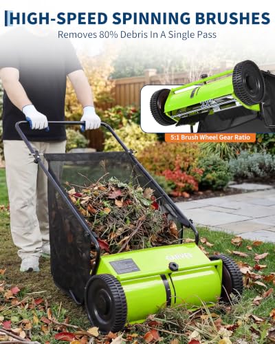 21" Push Lawn Sweeper, 6 Cu.Ft. Hopper, 3 V-Shaped Brushes, Height Adjustable - color: Green, size: 21in