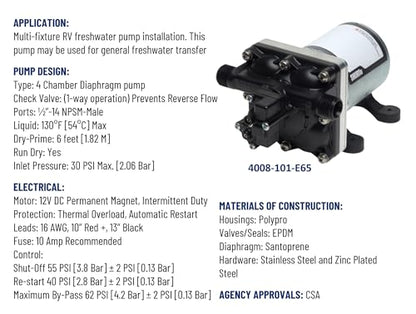PENTAIR SHURFLO Revolution 4008-101-E65 RV Fresh Water Pump 12V 3.0 GPM 55 PSI Quiet Automatic Demand Diaphragm By-Pass Pump