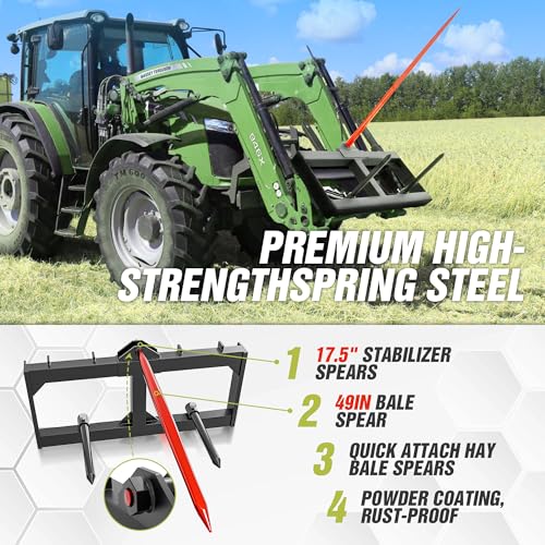 49" Hay Spear Attachment, 3000 LBS Loading Capacity Bale Spears Frame, Heavy-Duty Skid Steer Loader Tractor Attachment with 2 Pcs 17.5" Stabilizer Spears, Quick Attach Spike Forks