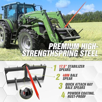 49" Hay Spear Attachment, 3000 LBS Loading Capacity Bale Spears Frame, Heavy-Duty Skid Steer Loader Tractor Attachment with 2 Pcs 17.5" Stabilizer Spears, Quick Attach Spike Forks