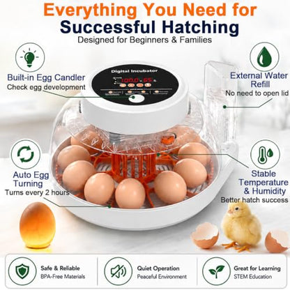 Upgraded Egg Incubator for Hatching Eggs, 12 Egg Capacity with Automatic Egg Turner, Temperature & Humidity Control, LED Egg Candler, Chick Incubator for Chicken, Duck & Quail Eggs