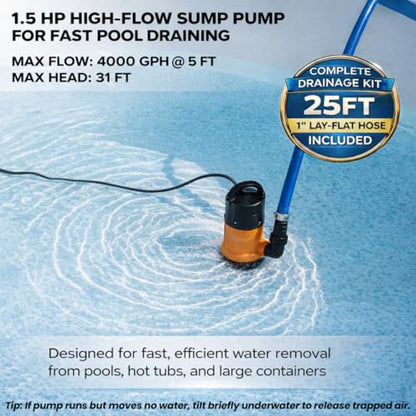 Sump Pump Submersible With 25Ft. Hose, Submersible Pump, 25Ft Cord, 4000GPH
