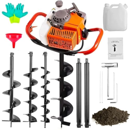 Gas Post Hole Digger 62cc, One Man Earth Auger Powerhead with 3 Bits