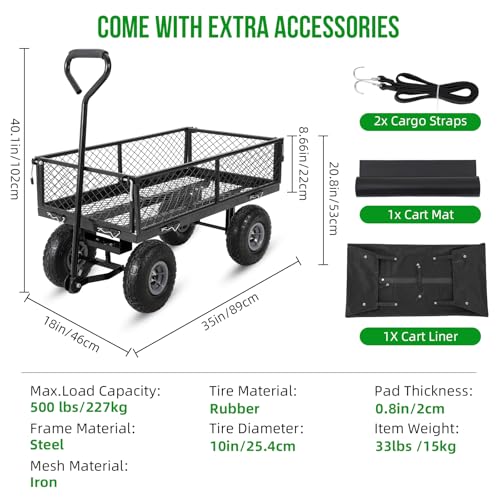Garvee 500 Lbs Steel Garden Wagon Cart, 10" Tires, Mesh Removable Sides - color: Black