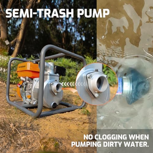 NOVUS Semi Trash Pump 3 Inch, 212cc 4 Cycle Engine, 238 GPM 100ft Lift 23ft Suction, Gas Powered Water Pump for Pond Pool Draining Gardening Irrigation, EPA Certified - size: 3" Semi Trash Pump