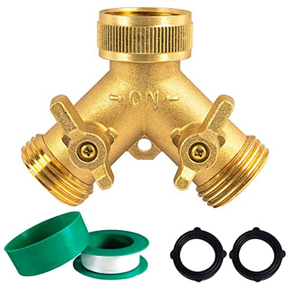 Hourleey Brass Garden Hose Splitter (2 Way), Solid Brass Hose Y Splitter 2 Valves with 2 Extra Rubber Washers (Brass) - size: 1 Pack - 2 Way
