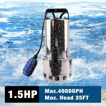 1.5HP 4000GPH Sump Pump, Submersible Water Pump with Float Switch - color: Chrome
