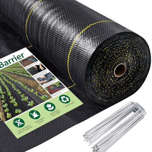 UPGRADE 6ft x 300ft Premium Weed Barrier Landscape Fabric, 3.5oz Heavy Duty Garden Woven Ground Cloth with Superior Permeability Weed Control Includes 90 Staples