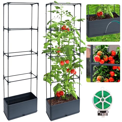 2 Packs Raised Garden Bed Tomato Planter Box with Trellis, 55.2" Self-Watering Tomato Cage with Rectangular Trellis for Climbing Plants Flowers Vegetables Vine in Patio Garden Indoor Outdoor - size: 4 Tiers-55.2"