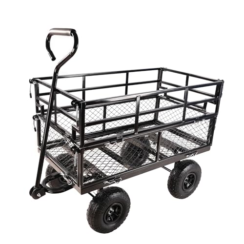 Heavy Duty Garden Wagon with Foldable Sides, Pneumatic Tires, Adjustable Handle (Black Double Layer) - color: Black Double Layer