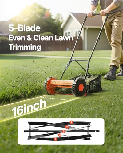 VEVOR Push Reel Lawn Mower 16 inch, 5 Blades Manual Push Mower No Motor, 0.6-1.75 in Adjustable Cutting Height, Walk-Behind Lawn Mowers with Grass Catcher Bag for Green Lawns, Driveways, Courtyards - size: 16 inch