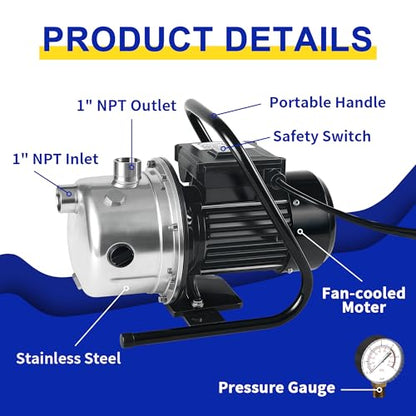LANCHEZ 1.2 HP Shallow Well Pump, 2100 GPH Stainless Steel Garden Irrigation Pump, 115V Water Transfer Pump, Water Booster Jet Pump for Home Garden Lawn Farm, Black silver - color: Black Silver