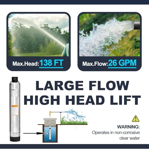 WASSERMANN 4" Septic Pump Submersible Effluent/Cistern Bottom Suction Pump with 33FT Cable,1/2HP,115V/60HZ,26GPM,138FT Head,Stainless Steel Deep Well Pump for Septic Tank Home - color: Black