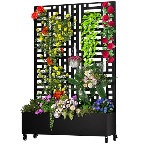 MTART Metal Planter Box with Trellis, 72.1"x47.2"x16" Outdoor Galvanized Raised Garden Bed with Privacy Screen & Drainage Holes & Lockable Casters for Climbing Plants, Vegetable (Street-Black1) - color: Street-Black1, size: With Planter Box