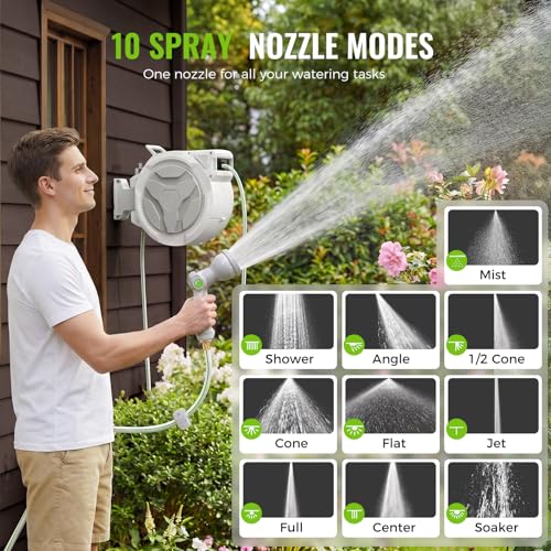Retractable Garden Hose Reel 1/2"x100ft with 10-Function Nozzle - color: White & Gray