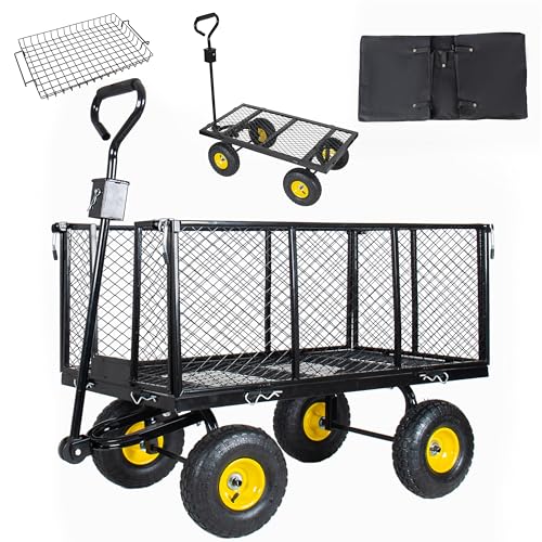 3-in-1 Oversized Steel Garden Cart 880lbs Pullable Mesh Metal Utility Cart All-Terrain Wagon with Removable Liner Side Panels Mesh Tray for Lawn Patio Landscaping (Black + Steel) - color: Black + Steel
