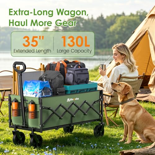 Blomoba 35" Extra Long Folding Wagon with Adjustable Handle & Wheels, Green - color: Green