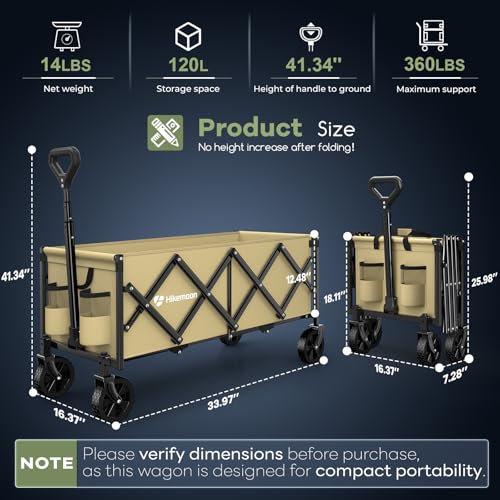 HIKEMOON 34'' Extra Long Folding Portable Wagon Cart, 120L 360LBS Khaki - color: Khaki