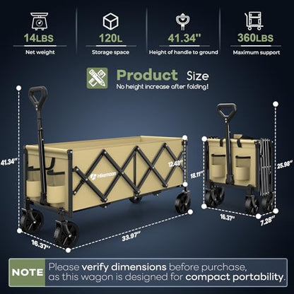HIKEMOON 34'' Extra Long Folding Portable Wagon Cart, 120L 360LBS Khaki - color: Khaki