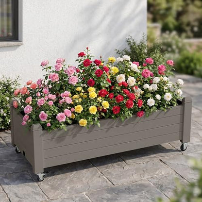 Raised Garden Bed with Wheels, Rolling Resin Planter Box, Gray - color: Gray, size: 13.3" H