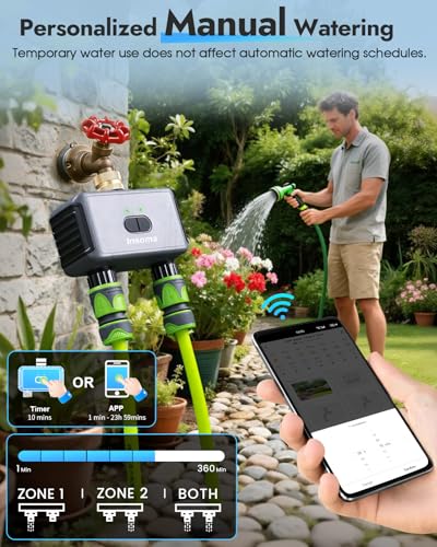 Insoma 2-Zone WiFi Water Timer for Garden Hose, WiFi Hose Timers with Brass Inlet, No-Gateway 2.4GHz Remote APP & Voice Control (Alexa/Google), Rain Delay & Manual Mode for Yard Lawn Garden Watering - size: 2 Zone-Metal-WiFi