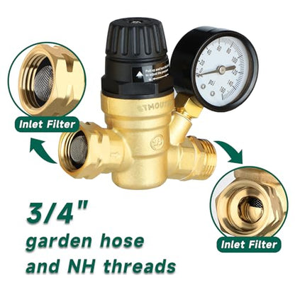 STMOUTUO RV Water Pressure Regulator Valve for Camper. Lead-Free Brass.