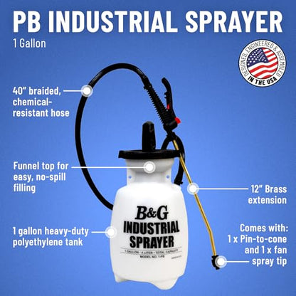 B&G PB Industrial Heavy-Duty Sprayer – 1 Gallon – Chemical Resistant Sprayer with Brass Extension & Viton Seals – Professional Janitorial & Sanitation Grade - size: 1-Gallon