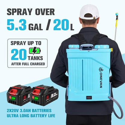 ONEVAN Battery Powered Backpack Sprayer 5.3 Gallon with 2X3.0A Batteries