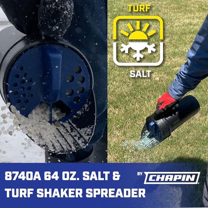 Chapin 8740A: 64-Ounce Black Poly Hand Shaker Spreader for Turf, Fertilizer, Grass Seed, Salt and Sand, Year-Round Use, Large Grip Handle with 3 Openings for Pellets and Particles (Pack of 6) - size: 64 Ounces (Pack of 6), style: Hand Shaker