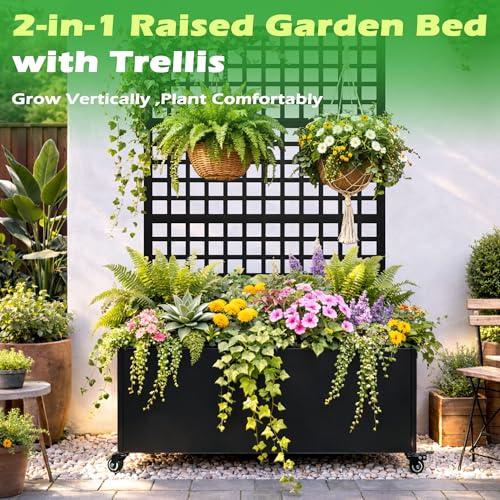 Metal Raised Garden Bed with Slatted Trellis and Wheels, 43” L x 16” W x 71” H Privacy Screen for Climbing Plants, Metal Planter Box with Drainage Holes (Black -Grid Trellis) - color: Black -Grid Trellis