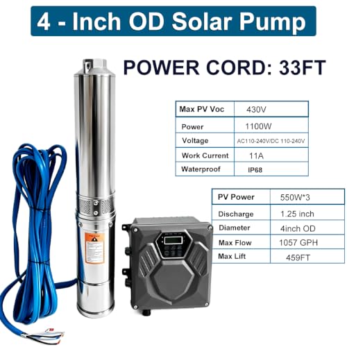 Solar Water Pump, 1100W 1.5HP Submersible Deep Well Pump, 4 inch Stainless Steel Deep Well Pump with MPPT Controller for Industrial Irrigation Household Water Tank Water Supply (1.5HP AC/DC 110V-220V) - size: 1.5HP AC/DC 110V-220V