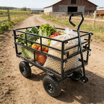 Gecheer Black Double Fence Utility Wagon Cart for Garden, Farm, Yard – Heavy-Duty 600 lb Capacity with Inflatable Tires & Spacious Bed