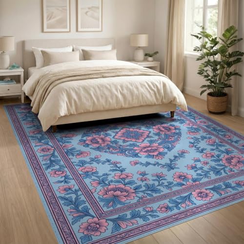 8'x10' Pink Blue Chinoiserie Floral Medallion Washable Area Rug - color: Blue/Pattern 10, size: 8' x 10' (Rectangular)