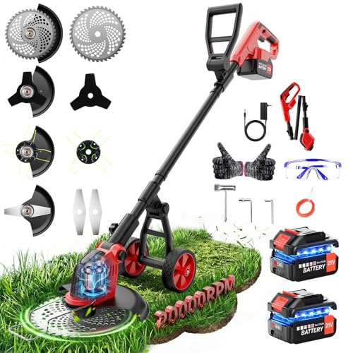 20000RPM Electric Weed Wacker Cordless with Wheel, 12" Electric Weed Eater Battery Powered,4-in-1 Brush Cutter/String Trimmer/Grass Trimmer/Edger Tool,Stringless Weed Trimmer,2 Battery