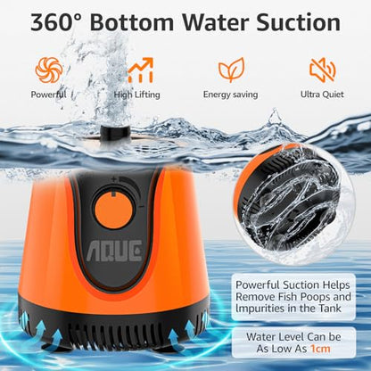 AQUE Silent Submersible Pump, 360° water intake, adjustable flow. For fish tanks, ponds, aquariums, waterfalls, fountains & hydroponics. Includes 6-ft cord & 4 nozzles. (100W) - size: 100W 1150GPH