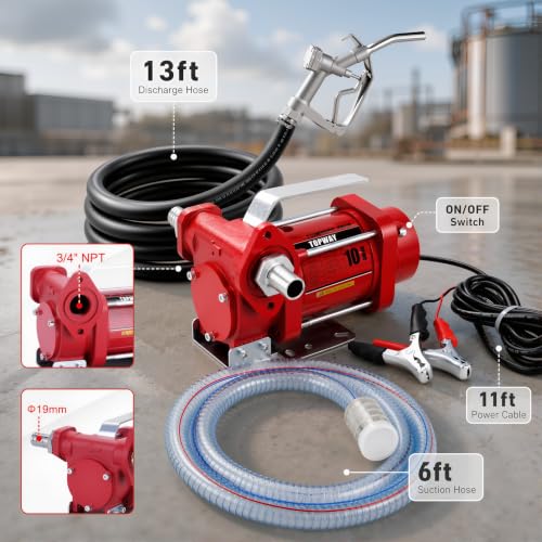 TOPWAY 12V Fuel Transfer Pump Kit, 10 GPM Self-Priming Diesel & Gasoline Pump, Explosion-Proof Portable Fuel Pump with Fuel Nozzle, Hose & Carry Case for Tractor, Truck, Cars