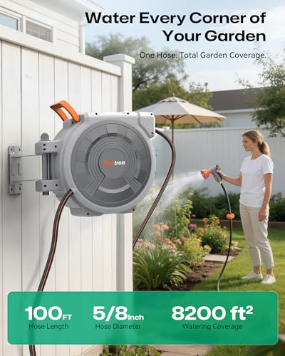 Retractable Garden Hose Reel 5/8"x100ft, 3-Ply Reinforced water hose reel, Any Length Lock, Heavy-Duty Rust Prevention Metal Mount, Brass Fitting, 9 Spray Nozzle for Lawn & Gardening - color: 100 Ft X 5/8inch
