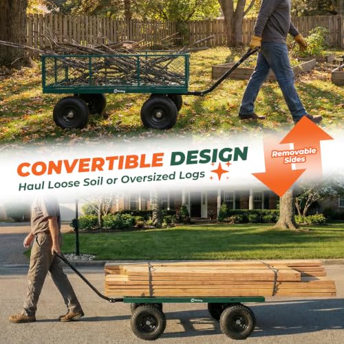 Sekey 1400lbs Heavy Duty Steel Garden Cart for Farm & Construction, 7.7 Cu.Ft. Extra-Large Utility Wagon with Removable Sides, 2-in-1 Towable Handle, 13" Rubber Tires, Green - color: Green, size: 1400LBS