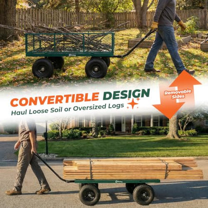 Sekey 1400lbs Heavy Duty Steel Garden Cart for Farm & Construction, 7.7 Cu.Ft. Extra-Large Utility Wagon with Removable Sides, 2-in-1 Towable Handle, 13" Rubber Tires, Green - color: Green, size: 1400LBS