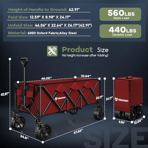 HIKEMOON 48'' Extra Large Collapsible Wagon with Big Wheels, 300L Red - color: Burgundy